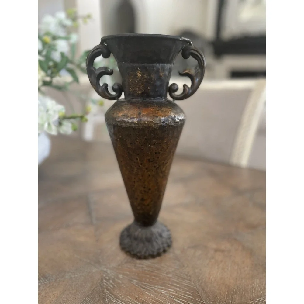 Hammered Brown Metal Handled Urn Vase Planter 13.5